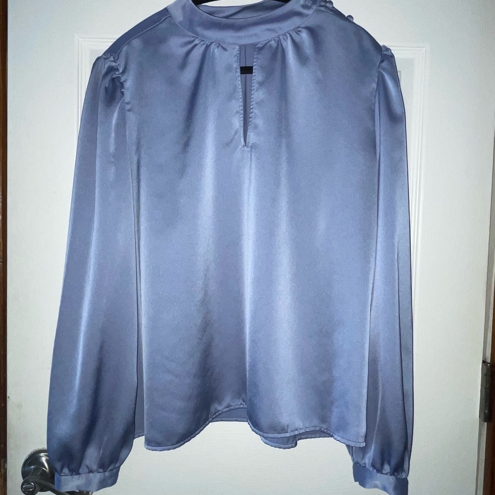 LOFT Satin Long-Sleeve Keyhole Blouse - Steel Blue